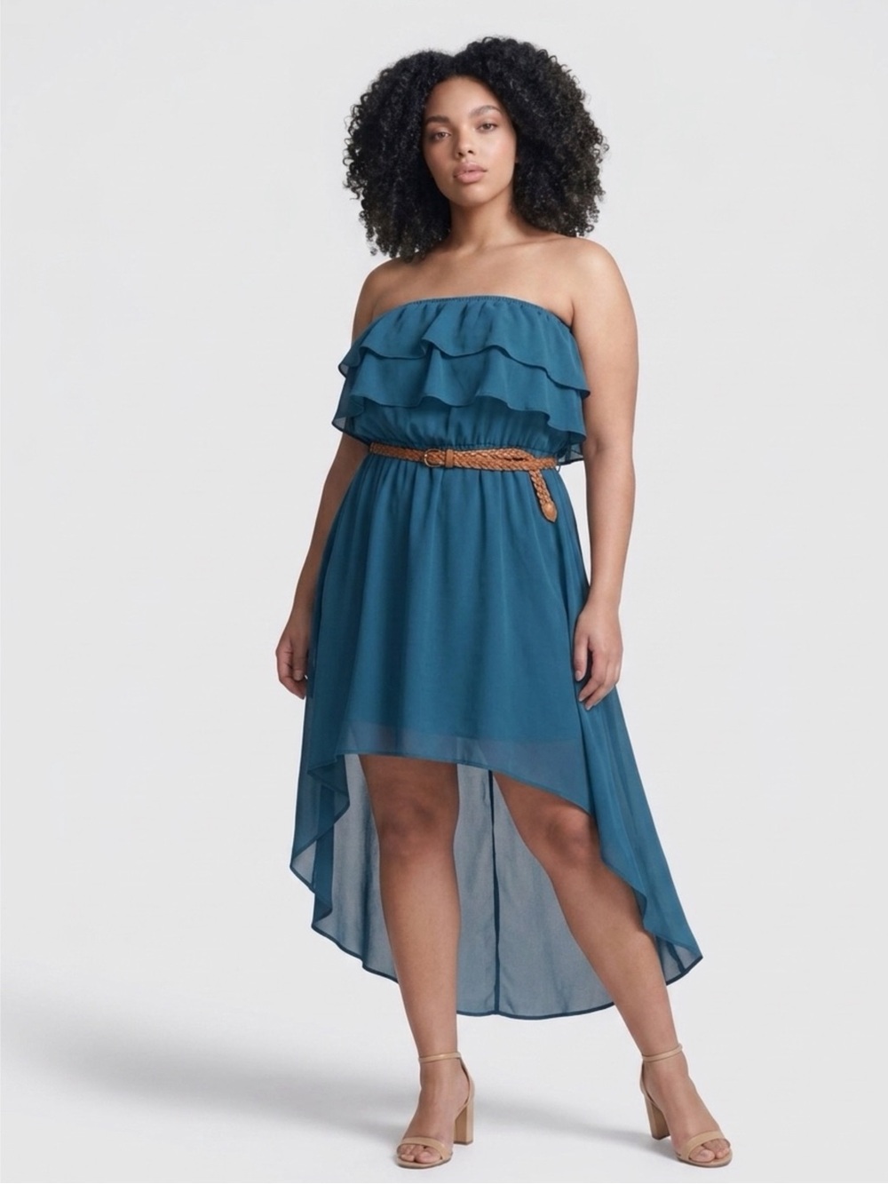 Mine Teal Strapless High-Low Ruffle Dress with Braided Belt